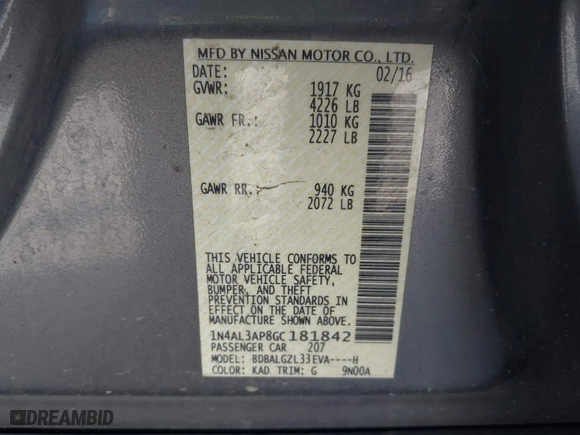 2016 Nissan Altima 2.5 SR with VIN 1N4AL3AP8GC181842, listed as a IAAI auction lot 41994344 with 104,393 mi miles. Bid and sale history available at carsss.com. Image 9.