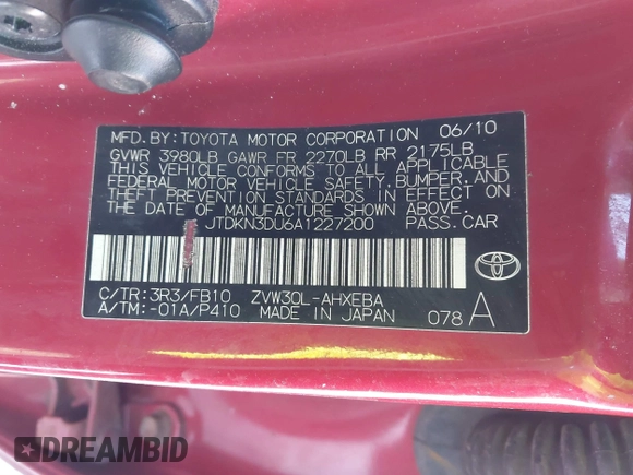 2010 Toyota Prius II with VIN JTDKN3DU6A1227200, listed as a IAAI auction lot 41292342 with 292,531 mi miles. Bid and sale history available at carsss.com. Image 9.