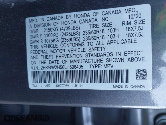 2020 Honda CR-V EX with VIN 2HKRW2H56LH696405, listed as a IAAI auction lot 41124333 with 55,418 mi miles. Bid and sale history available at carsss.com. Image 9.
