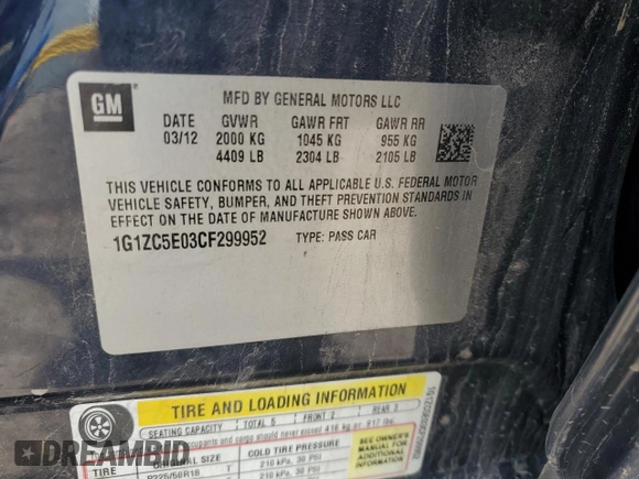 2012 Chevrolet Malibu 1LT with VIN 1G1ZC5E03CF299952, listed as a Copart auction lot 51625595 with 171,891 mi miles and Clean Title. Bid and sale history available at DreamBid. Image 12.
