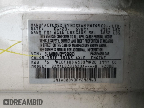 2023 Nissan Sentra S with VIN 3N1AB8BV0PY298963, listed as a Copart auction lot 52571885 with 25,309 mi miles and Salvage Title. Bid and sale history available at DreamBid. Image 14.
