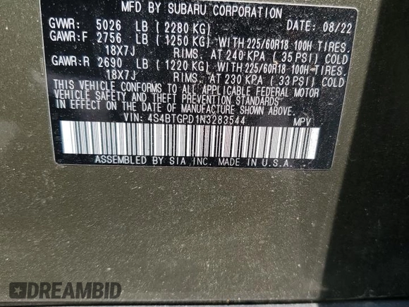 2022 Subaru Outback Touring XT with VIN 4S4BTGPD1N3283544, listed as a Copart auction lot 54125915 with 51,780 mi miles and Salvage title. Bid and sale history available at DreamBid. Image 14.