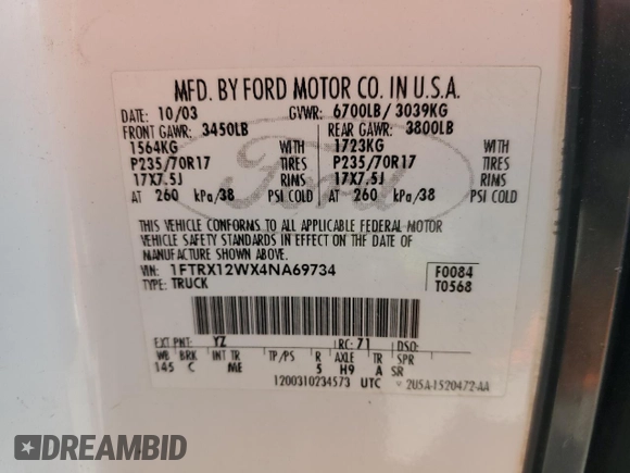 2004 Ford F-150 STX z VIN 1FTRX12WX4NA69734, wystawiony jako Copart lot #62692495 z przebiegiem 134 678 mil mil oraz Szkoda całkowita • Salvage title. Historia ofert i sprzedaży dostępna na DreamBid. Obrazek 12.