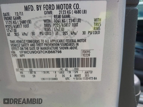 2012 Ford Escape XLT с VIN 1FMCU9DG7CKB68798, выставлен на аукционе IAAI как лот 42431128 с пробегом 181 556 миль миль и . История ставок и продаж доступна на DreamBid. Изображение 9.