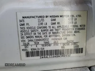 2006 Nissan Altima S with VIN 1N4AL11DX6N340552, listed as a Copart auction lot 53879225 with Not provided miles and Salvage title. Bid and sale history available at DreamBid. Image 12.