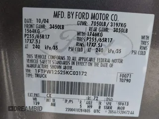 2005 Ford F-150 XLT with VIN 1FTPW12525KC03172, listed as a IAAI auction lot 42139841 with 125,258 mi miles. Bid and sale history available at carsss.com. Image 9.