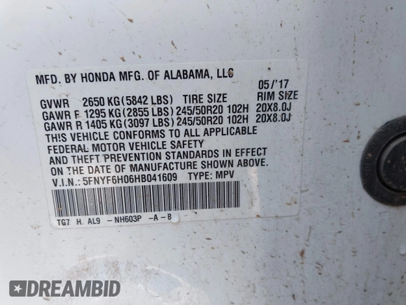 2017 Honda Pilot Elite with VIN 5FNYF6H06HB041609, listed as a IAAI auction lot 41804477 with 134,535 mi miles and . Bid and sale history available at DreamBid. Image 9.