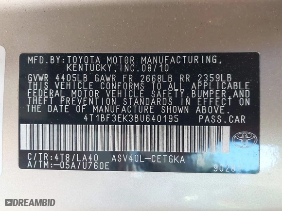 2011 Toyota Camry LE with VIN 4T1BF3EK3BU640195, listed as a IAAI auction lot 41891119 with 208,221 mi miles. Bid and sale history available at carsss.com. Image 9.