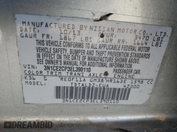 2014 Nissan Note SV с VIN 3N1CE2CP3EL390110, выставлен на аукционе Copart как лот 58063015 с пробегом 182 822 миль миль и Списание • Salvage title. История ставок и продаж доступна на DreamBid. Изображение 12.