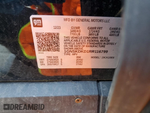 2024 Chevrolet Suburban Z71 z VIN 1GNSKDKD1RR116799, wystawiony jako Copart lot #53435185 z przebiegiem 23 697 mil mil oraz Szkoda całkowita • Salvage title. Historia ofert i sprzedaży dostępna na DreamBid. Obrazek 14.