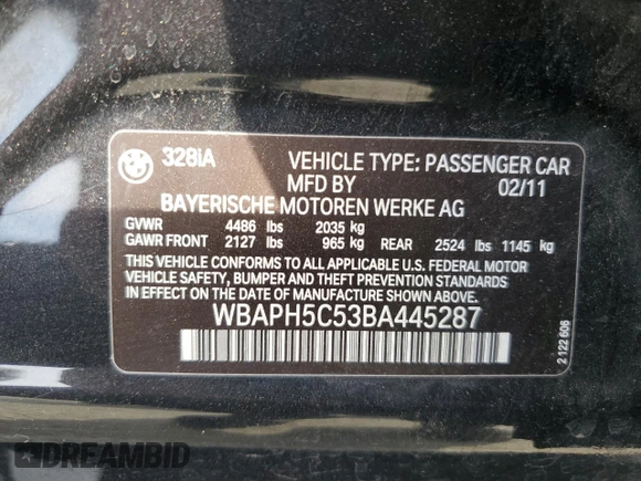2011 BMW 3 Series 328i с VIN WBAPH5C53BA445287, выставлен на аукционе Copart как лот 57314625 с пробегом 82 026 миль миль и Списание • Salvage title. История ставок и продаж доступна на DreamBid. Изображение 13.