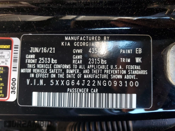 2022 Kia K5 GT-Line z VIN 5XXG64J22NG093100, wystawiony jako Copart lot #56508604 z przebiegiem 87 815 mil mil oraz Szkoda całkowita • Salvage title. Historia ofert i sprzedaży dostępna na DreamBid. Obrazek 12.