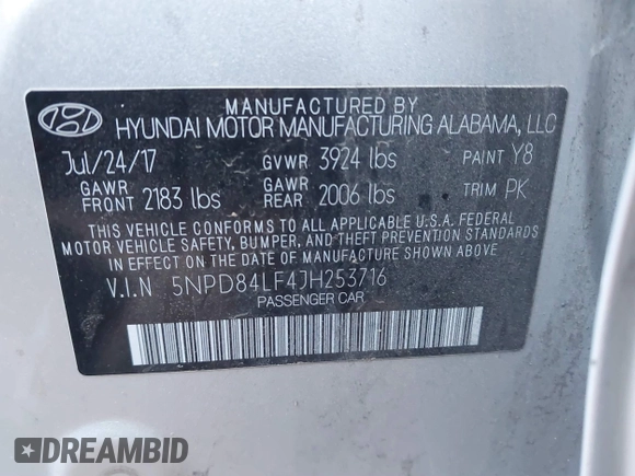 2018 Hyundai Elantra SEL with VIN 5NPD84LF4JH253716, listed as a IAAI auction lot 41906840 with 136,004 mi miles and . Bid and sale history available at DreamBid. Image 9.