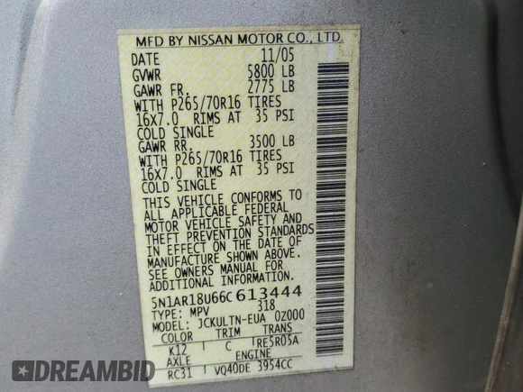 2006 Nissan Pathfinder SE z VIN 5N1AR18U66C613444, wystawiony jako Copart lot #59494365 z przebiegiem 218 903 mil mil oraz Czysty tytuł • Clean title. Historia ofert i sprzedaży dostępna na DreamBid. Obrazek 13.