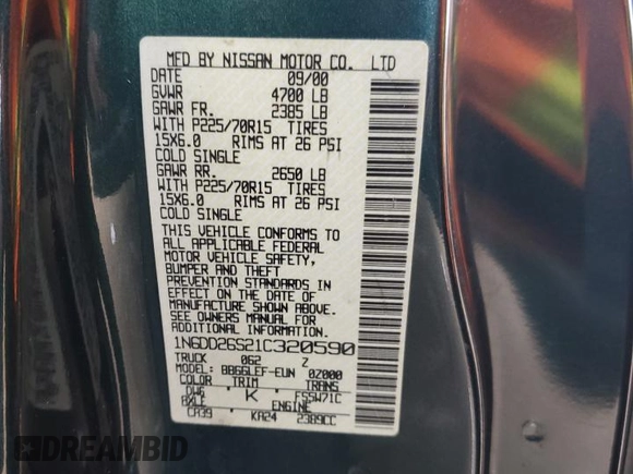 2001 Nissan Frontier XE with VIN 1N6DD26S21C320590, listed as a Copart auction lot 78059624 with Not provided miles and Salvage title. Bid and sale history available at DreamBid. Image 14.