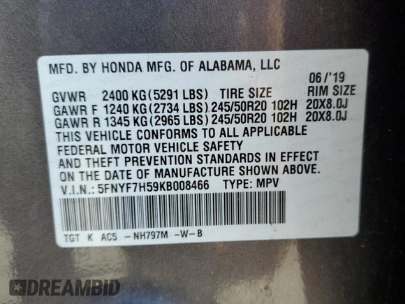 2019 Honda Passport EX-L with VIN 5FNYF7H59KB008466, listed as a Copart auction lot 74487804 with Not Provided miles and Non Repairable. Bid and sale history available at carsss.com. Image 14.