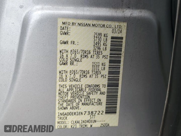 2014 Nissan Frontier SV with VIN 1N6AD0ER1EN738722, listed as a Copart auction lot 55898225 with 369,128 mi miles and Clean Title. Bid and sale history available at DreamBid. Image 12.
