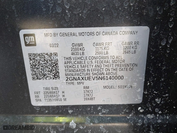2022 Chevrolet Equinox LT with VIN 2GNAXUEV5N6140000, listed as a IAAI auction lot 41629013 with 57,626 mi miles. Bid and sale history available at carsss.com. Image 9.