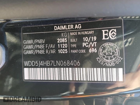 2020 Mercedes-Benz CLA 250 with VIN WDD5J4HB7LN068406, listed as a Copart auction lot 53327505 with 96,726 mi miles and Salvage title. Bid and sale history available at DreamBid. Image 13.