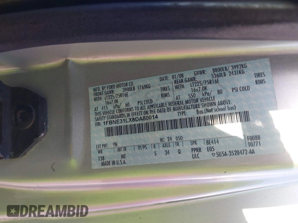 2008 Ford Econoline Passenger XL with VIN 1FBNE31LX8DA80014, listed as a IAAI auction lot 42183949 with 130,092 mi miles and . Bid and sale history available at DreamBid. Image 9.