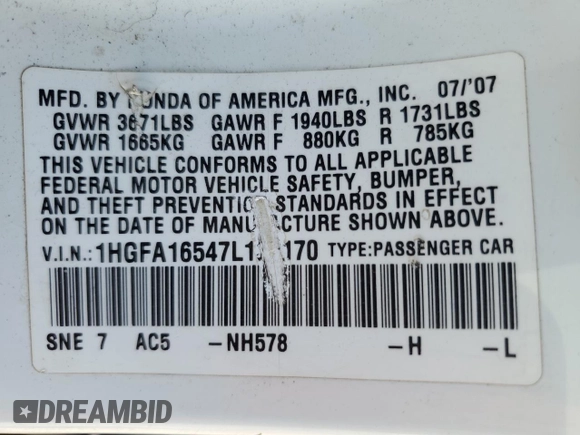 2007 Honda Civic Sdn LX with VIN 1HGFA16547L135170, listed as a Copart auction lot 54443225 with 143,675 mi miles and Salvage Title. Bid and sale history available at carsss.com. Image 12.