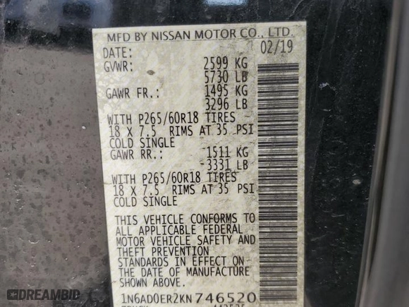 2019 Nissan Frontier SL with VIN 1N6AD0ER2KN746520, listed as a Copart auction lot 46954705 with 100,215 mi miles and Salvage Title. Bid and sale history available at carsss.com. Image 14.