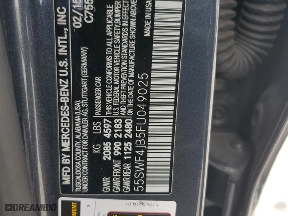 2015 Mercedes-Benz C-Class C 300 with VIN 55SWF4JB5FU049025, listed as a Copart auction lot 47195235 with 188,564 mi miles and Salvage Title. Bid and sale history available at carsss.com. Image 12.