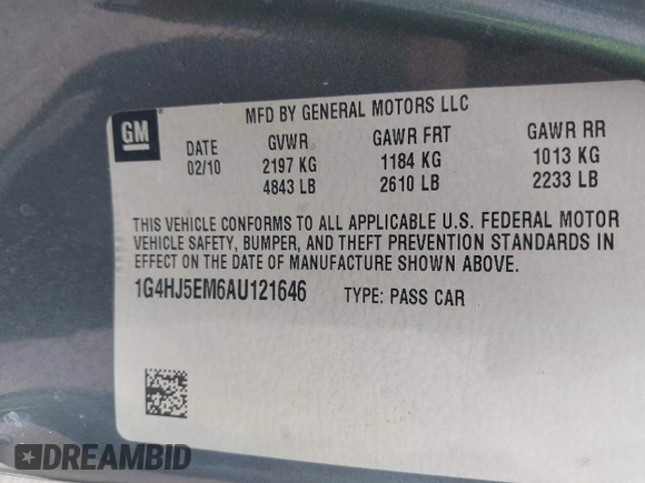 2010 Buick Lucerne CXL Premium with VIN 1G4HJ5EM6AU121646, listed as a IAAI auction lot 42228013 with 167,218 mi miles and . Bid and sale history available at DreamBid. Image 9.