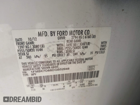 2013 Ford Explorer XLT с VIN 1FM5K7D88DGB52948, выставлен на аукционе IAAI как лот 42443630 с пробегом 183 315 миль миль и . История ставок и продаж доступна на DreamBid. Изображение 9.
