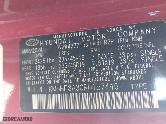 2024 Hyundai Kona Limited with VIN KM8HE3A30RU157446, listed as a IAAI auction lot 41765756 with 18,031 mi miles. Bid and sale history available at carsss.com. Image 9.