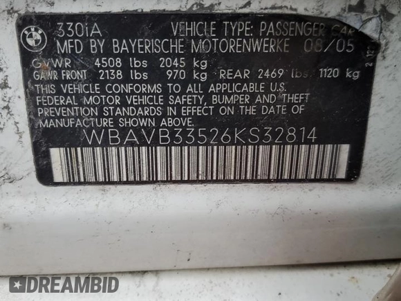 2006 BMW 3 Series 330i with VIN WBAVB33526KS32814, listed as a Copart auction lot 47785595 with 151,934 mi miles and Salvage Title. Bid and sale history available at DreamBid. Image 12.