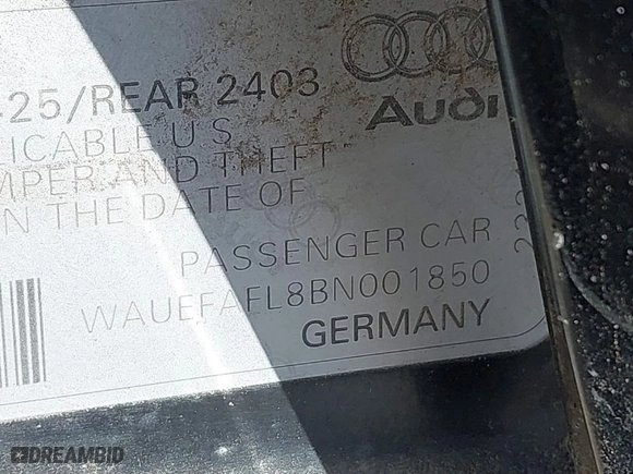 2011 Audi A4 2.0T Premium Plus with VIN WAUEFAFL8BN001850, listed as a IAAI auction lot 41851345 with 1 mi miles. Bid and sale history available at carsss.com. Image 9.