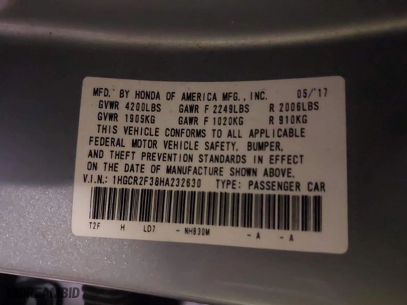 2017 Honda Accord Sedan LX with VIN 1HGCR2F38HA232630, listed as a IAAI auction lot 41395288 with 74,152 mi miles. Bid and sale history available at carsss.com. Image 9.
