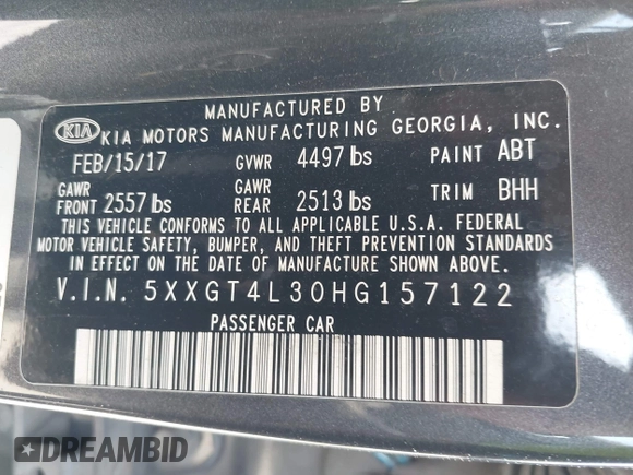2017 Kia Optima LX with VIN 5XXGT4L30HG157122, listed as a IAAI auction lot 42084378 with 175,215 mi miles. Bid and sale history available at carsss.com. Image 9.