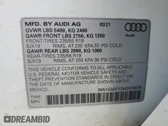 2021 Audi Q5 with VIN WA1AABFY3M2078576, listed as a Copart auction lot 55746134 with 56,350 mi miles and Clean title. Bid and sale history available at DreamBid. Image 13.