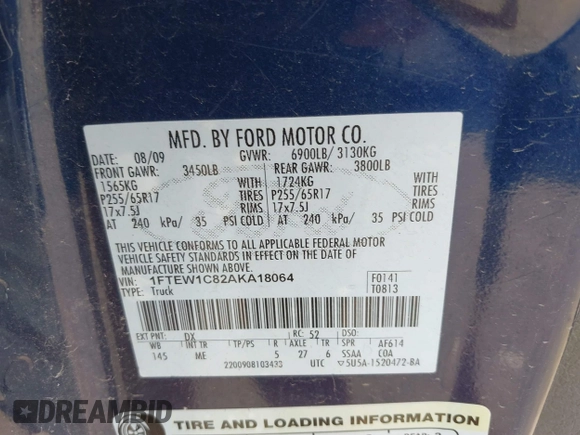 2010 Ford F-150 XL with VIN 1FTEW1C82AKA18064, listed as a IAAI auction lot 40208366 with 233,600 mi miles. Bid and sale history available at carsss.com. Image 9.