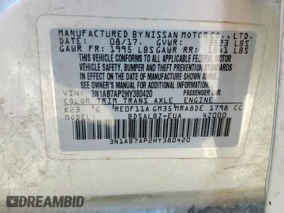 2017 Nissan Sentra SR with VIN 3N1AB7AP2HY380420, listed as a Copart auction lot 61296205 with 126,404 mi miles and Salvage title. Bid and sale history available at DreamBid. Image 13.