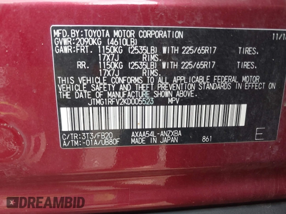 2019 Toyota RAV4 LE with VIN JTMG1RFV2KD005523, listed as a IAAI auction lot 41910005 with 64,119 mi miles. Bid and sale history available at carsss.com. Image 9.