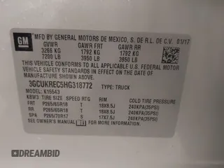 2017 Chevrolet Silverado 1500 LT with VIN 3GCUKREC5HG318772, listed as a IAAI auction lot 42056116 with 82,987 mi miles and . Bid and sale history available at DreamBid. Image 9.