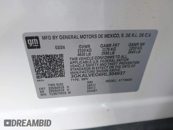 2024 GMC Terrain SLT with VIN 3GKALVEG6RL304937, listed as a IAAI auction lot 42209554 with 28,263 mi miles and . Bid and sale history available at DreamBid. Image 9.
