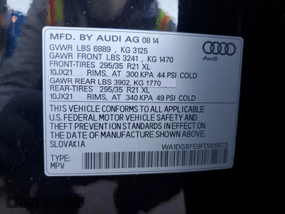 2015 Audi Q7 3.0T S line Prestige with VIN WA1DGBFE9FD005673, listed as a Copart auction lot 43054265 with 143,210 mi miles and Salvage Title. Bid and sale history available at carsss.com. Image 14.