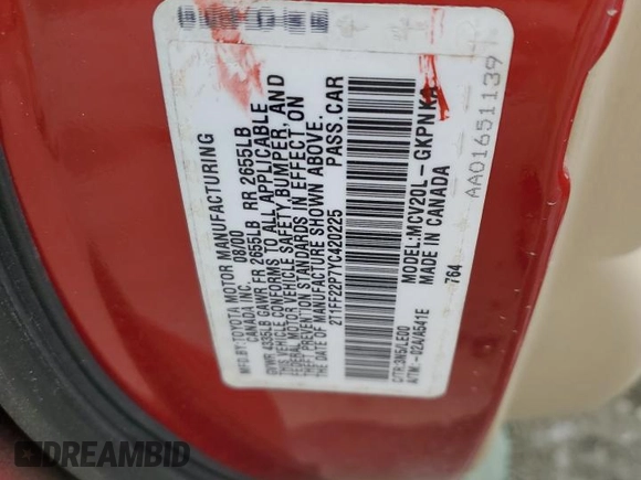 2000 Toyota Solara SE with VIN 2T1FF22P7YC420225, listed as a Copart auction lot 41777605 with Not Provided miles and Salvage Title. Bid and sale history available at DreamBid. Image 12.