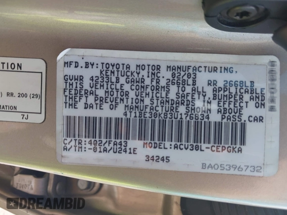 2003 Toyota Camry LE with VIN 4T1BE30K83U176834, listed as a IAAI auction lot 41307922 with 182,019 mi miles and . Bid and sale history available at DreamBid. Image 9.