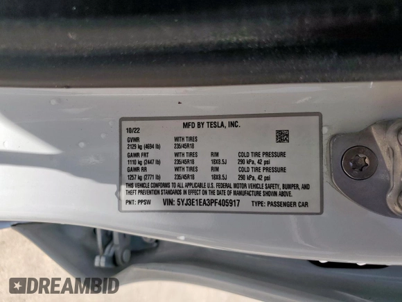 2023 Tesla Model 3 z VIN 5YJ3E1EA3PF405917, wystawiony jako Copart lot #56875645 z przebiegiem 40 874 mil mil oraz Szkoda całkowita • Salvage title. Historia ofert i sprzedaży dostępna na DreamBid. Obrazek 13.