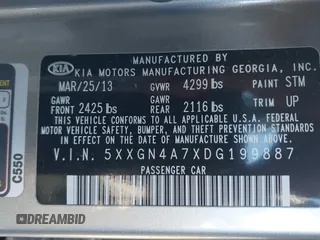 2013 Kia Optima EX with VIN 5XXGN4A7XDG199887, listed as a IAAI auction lot 41993160 with 235,603 mi miles and . Bid and sale history available at carsss.com. Image 9.