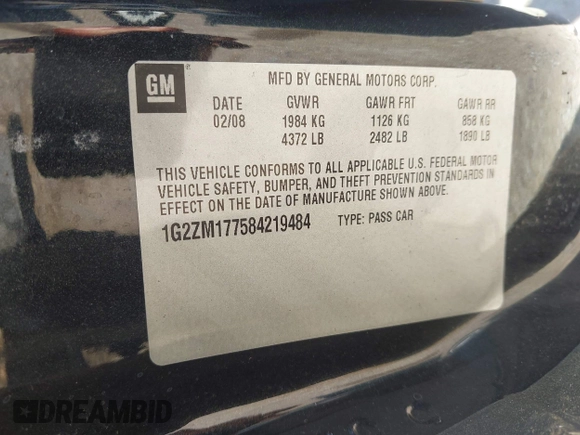 2008 Pontiac G6 GXP with VIN 1G2ZM177584219484, listed as a IAAI auction lot 42051856 with 276,664 mi miles. Bid and sale history available at carsss.com. Image 9.