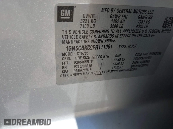 2015 Chevrolet Tahoe LT with VIN 1GNSCBKC9FR111001, listed as a IAAI auction lot 42440624 with 128,087 mi miles and . Bid and sale history available at DreamBid. Image 9.