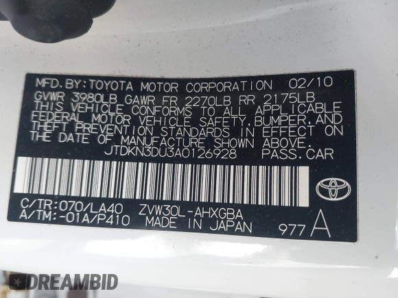 2010 Toyota Prius II with VIN JTDKN3DU3A0126928, listed as a IAAI auction lot 41620581 with 1 mi miles. Bid and sale history available at carsss.com. Image 9.