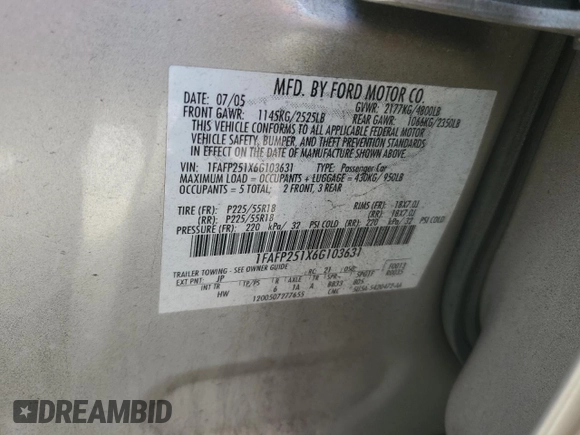2006 Ford Five Hundred Limited with VIN 1FAFP251X6G103631, listed as a Copart auction lot 80391044 with 181,099 mi miles and Salvage Title. Bid and sale history available at carsss.com. Image 12.