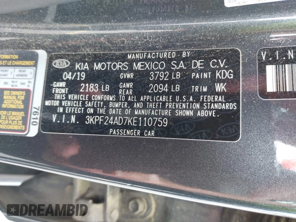 2019 Kia Forte LXS with VIN 3KPF24AD7KE110759, listed as a IAAI auction lot 42264009 with 149,031 mi miles and . Bid and sale history available at DreamBid. Image 9.